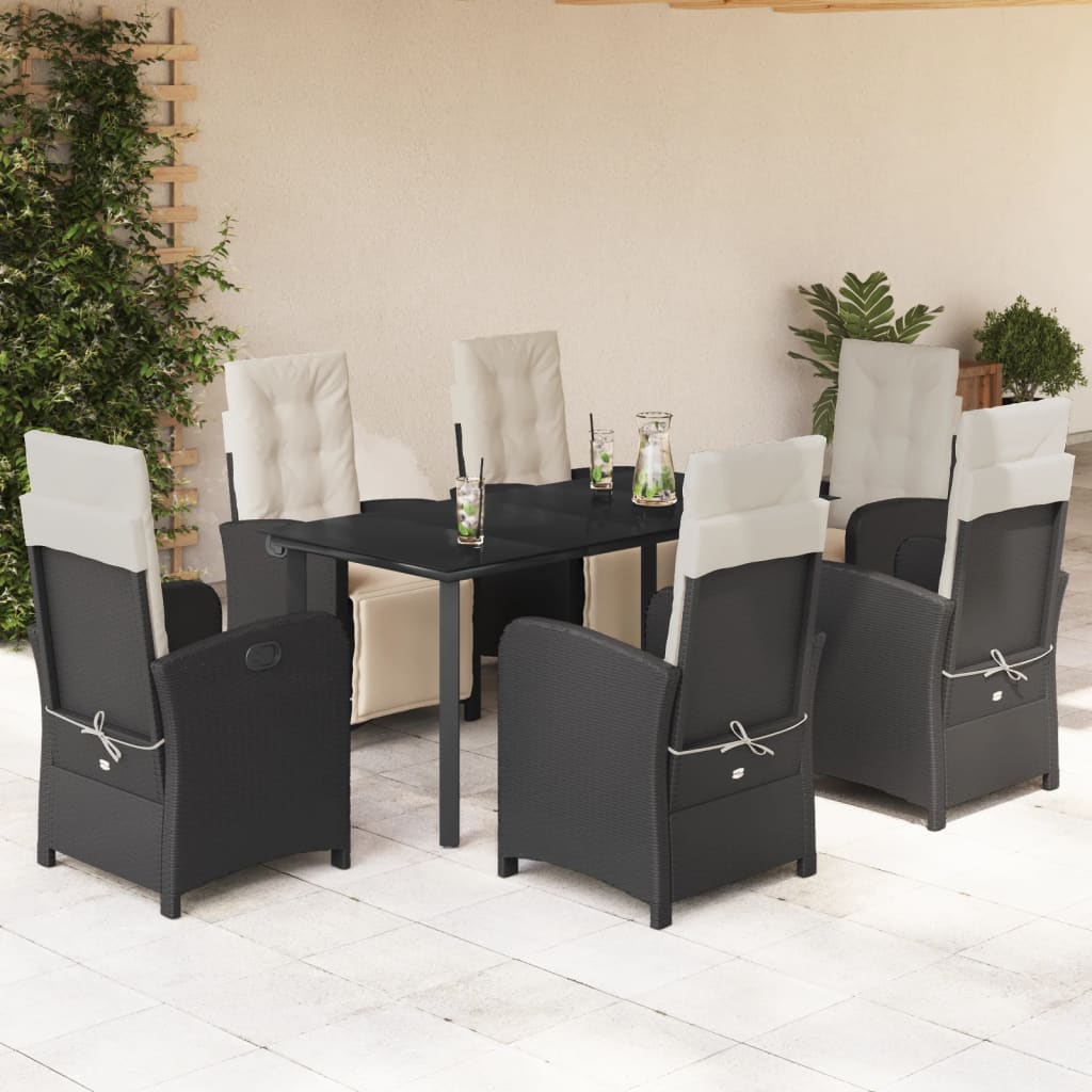 7-tlg. Garten-Essgruppe mit Kissen Schwarz Poly Rattan